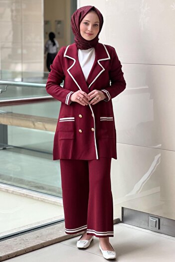 Ghisa Double-Breasted Collar Knitwear Blazer Trousers Set
