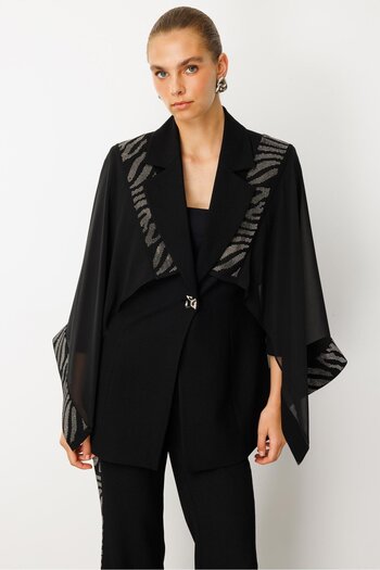 Moda İlgi Modailgi Chiffon Cape Detailed Stone Embroidered Jacket - 40065 Black