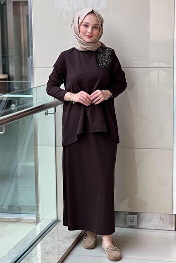 Nurcan Çetin Shoulder Flower Beading Embroidered Tunic Skirt Set
