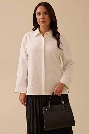 Gala-Xi Galaxi Women's Plus Size Beaded Detailed Textured Shirt 4006 Ecru