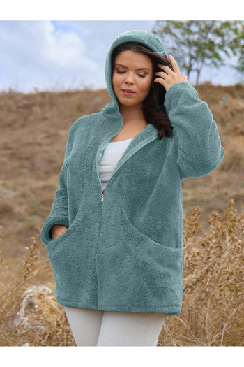 ModaSehle Women's Large Size Long Sleeve Pocket Hooded Zippered Plush Cardigan Jacket