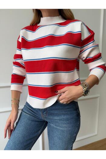 Size Özgü Red-Ecru Striped Sweater
