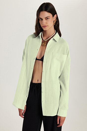 Tudors Women's Oversize Wide Cut 100% Cotton Muslin Fabric Long Sleeve Pocketed Textured Light Mint Shirt