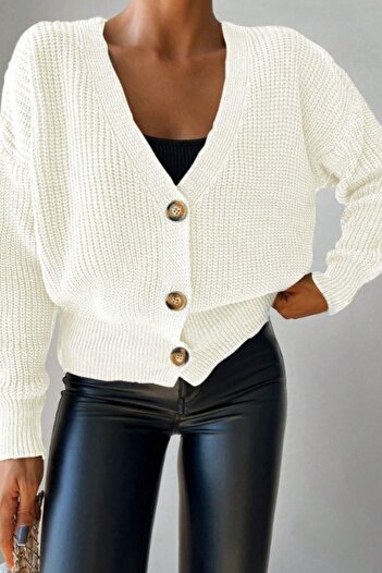 Mossta V-Neck Buttoned Basic Knit Cardigan - White
