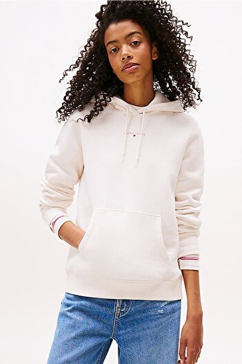 Tommy Hilfiger Women's Regular Fit Hooded Kangaroo Pocket Sweatshirt - Cream