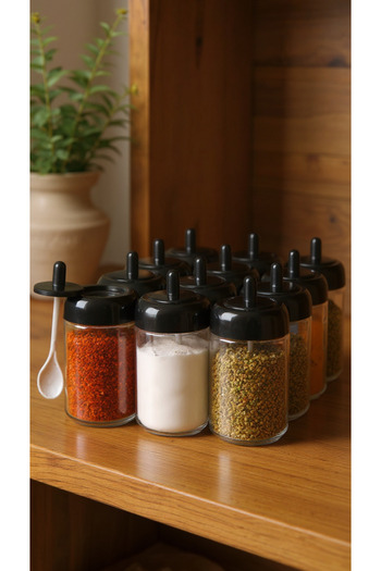 Justyol 12-Piece 305 ml Glass Spice Jar Set with Spoons – Spice Set with Labeled Lids