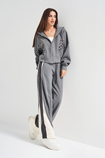 its basic Women's Gray Color W5-45 Knitted Fabric Special Design Top and Bottom 2-Piece Combination Tracksuit Set
