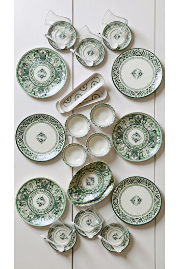 Justyol 32 Piece New Bone Khaki Mint Porcelain Breakfast Set for 6 People – Luxury Presentation Set