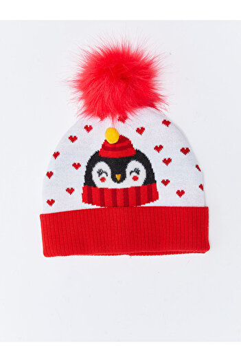 LC Waikiki White Patterned Pompom Girls' Knitwear Beanie
