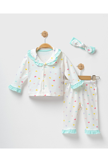 Baby Maa Heart Patterned Ruffled 3-Piece Baby Girl Pajama Set (6-24 Months)