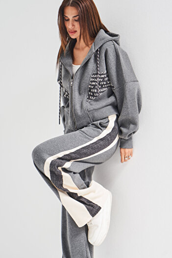 its basic Women's Gray Color W5-45 Knitted Fabric Special Design Top and Bottom 2-Piece Combination Tracksuit Set
