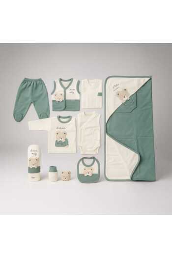 MİLAYS LİFE HOME COLLECTİON Baby Boy Organic Cotton Bear Embroidered 10-Piece Hospital Release Zibin Set
