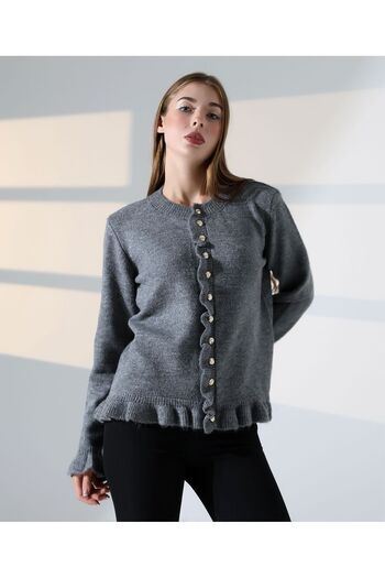 comstar Women's Buttoned Crew Neck Ruffled Anthracite Knitwear Cardigan