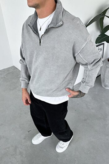 HAFKAGİYİM Light Gray Acid Wash Half Zipper Oversize Sweatshirt