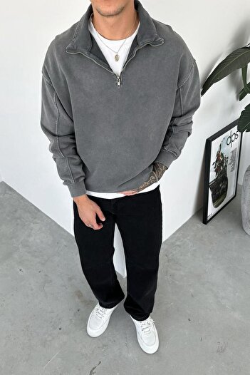 HAFKAGİYİM Gray Acid Wash Half Zipper Oversize Sweatshirt
