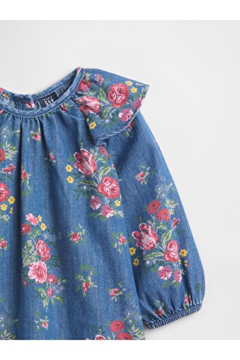GAP Bebek Koyu Mavi Denim Volanlı Omuz Elbise