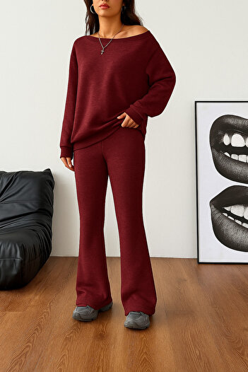 meren like your style Burgundy Wide Collar High Waist Spanish Flare Sweatshirt Set