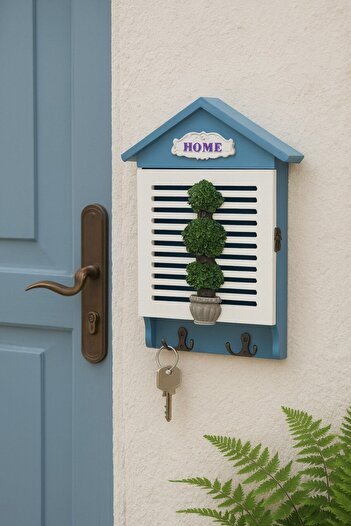 decorev Decorative Blue Wooden Key Holder Box – Wall Mounted Hanger with Lid and Written on It'Home' Br-6634