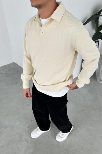 HAFKAGİYİM Cream Basic Polo Neck Knit Sweater