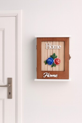 decorev Decorative Wooden Key Holder Box with Lid – Rose Motif and'Home' Written Wall Hanger Br-6629