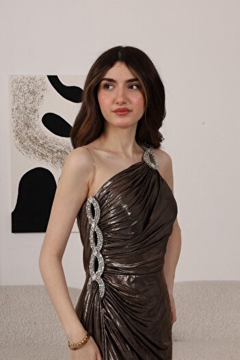 Generic One-shoulder long bronze evening gown with sparkly crystals