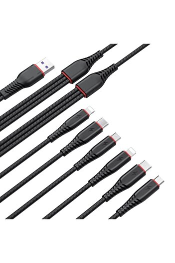 Bibilel Charging Cable 6 in 1, 2 x Lightning, 2 x Micro USB, 2 x USB-C, 2 meters, Black
