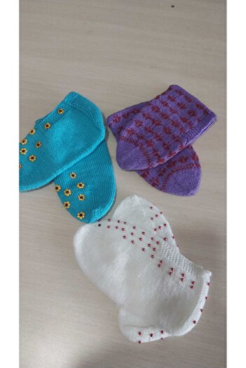 Papatyam 3 Pieces Hand Knitted Five-Skewer Booties / Handmade Booties / Dowry Booties / Knitted / Home Booties / Handmade Socks