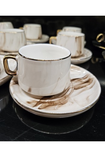 ALANYA HOME DECOR Marble Patterned Turkish Coffee Set 12 Pieces Copper Pattern Turkish Coffee Cup Set for 6 People