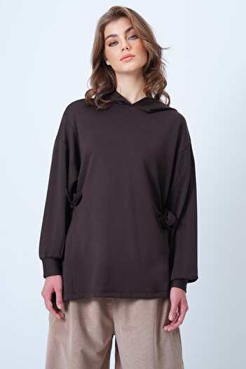 VAGGON Women's Brown Hooded Side-Tie Modal Oversize Sweatshirt Vs01176