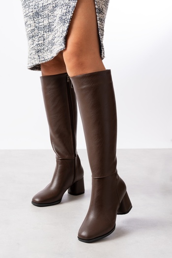 DİVOLYA Oleda Brown Leather Heeled (6 cm) Daily Use Boots with Side Zipper