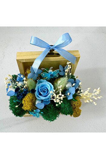 velve Aranjament floral Goodliness,trandafir criogenat,licheni stabilizati, perle,broom,Albastru