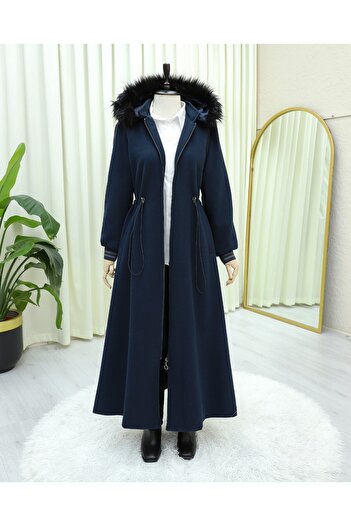 Modamorfo Hooded Cashmere Coat with Elastic Waist and Pockets - Navy