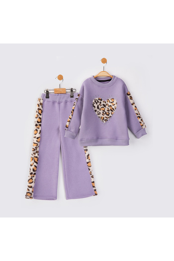 Lmn Leopard Plush Detailled Shardoned 3-Strand Girl's Set