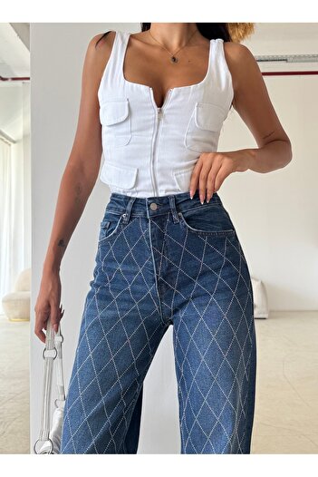 LOS FECHKA Women's Blue Color Stone Detailed Wide Leg Trousers
