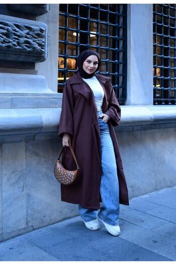 New Lune Women's Modest Clothing Matching Oversized Belted Trench Coat V-Neck, Belt, Double Pockets, Long