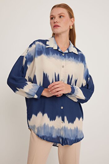 Hiccup Bdart Plus Size Abstract Woven Long Sleeve Shirt with Buttons