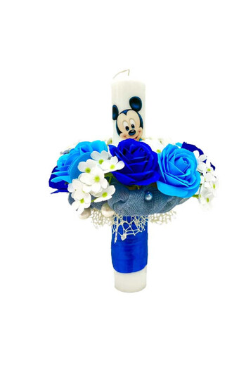 velve Lumanare de botez cu Mickey Mouse si flori de sapun, baiat, Albastru
