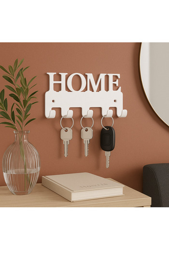 LUNOART Home Written Metal Keychain Hanger (Color: White) |   Wall Mounted Key Organizer