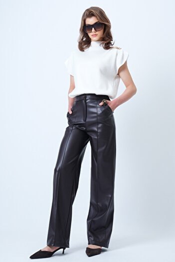 VAGGON High Waist Ribbed Stitching Leather Palazzo Pants