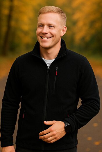 Sobe Hediyelik Men's Fleece Cardigan Stand Collar Black Zippered – Outdoor and Casual Use
