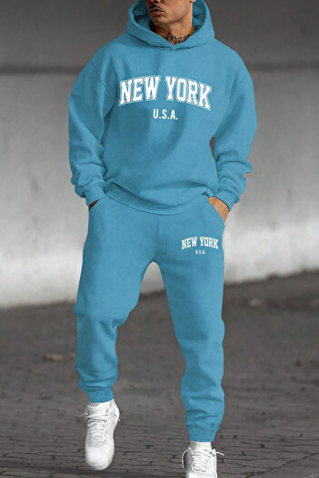 CLASSY.MODA New York U.S.A. Printed Men's Tracksuit Set Hooded Sweatshirt and Jogger Pants