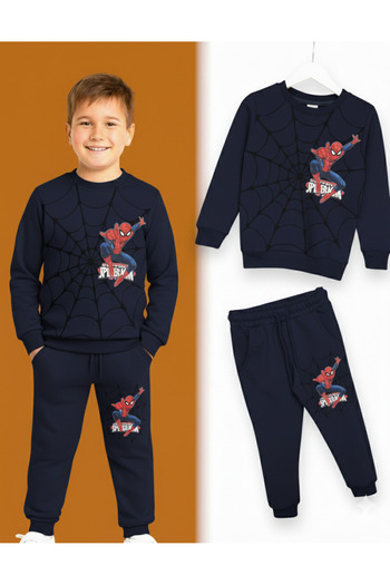 LİTTLE TORTOİSE Boys' Spiderman Print Soft Inner Texture Raster Tracksuit Set Bottom-Top Set