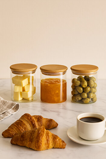 ZURİ DESİGN Airtight 3-Piece Flat Glass Breakfast Vacuum Lid Jar Set - 610 ml