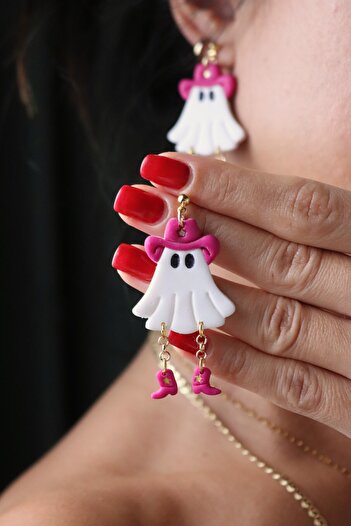 Gizy Store Polymer Clay Cowboy Ghost Earrings, Halloween Accessory, Halloween-Themed Earrings, Pink Cowboy Ghost,