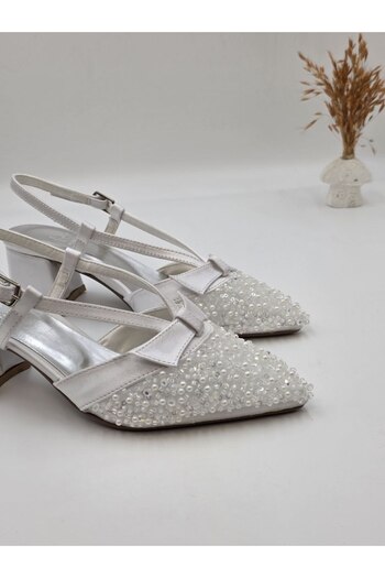 Aylam ayakkabı Woman's white isabella bead detailed strap pointed toe evening dress shoes