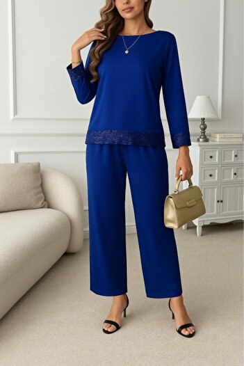 Masspera Women's Crew Neck Long Sleeve Pulpayet Detailed Blouse and Pants Bottom-Top Set