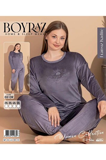 BOYRAZ Women's Winter French Velvet Plus Size Crew Neck Long Sleeve Pajama Set 03139 - 1 Piece
