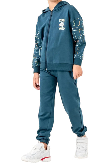 İrem Çocuk Giyim Boy's Pixel World Printed Zipper Closure Hooded Back Pocket Patterned Tracksuit Set