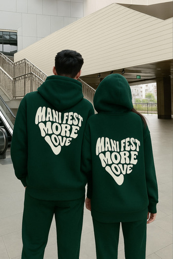 CLASSY.MODA Unisex Hooded Sweatshirt 3 Thread Relaxed Fit Kangaroo Pocket Manifest More Love Heart Printed