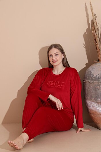 BOYRAZ Women's Winter French Velvet Plus Size Crew Neck Long Sleeve Pajama Set 03130 - 1 Piece